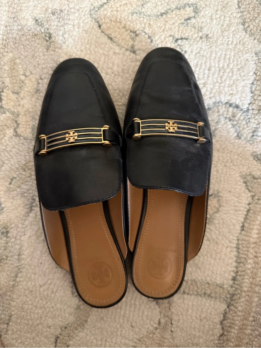 Tory Burch Black Leather Slide Mules with Gold Hardware